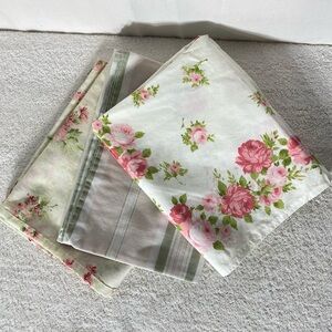 5/$35 Vintage Cream Pink Green Floral Print & Striped Pillowcase Lot x3